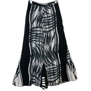 Samuel Dong Trouser Skirt Pant Sz 8 Black White Abstract Chiffon Wide Leg Flare